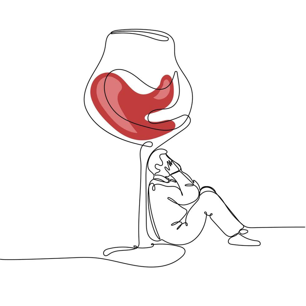 Man sitting under glass of wine. Alcohol addiction concept vector