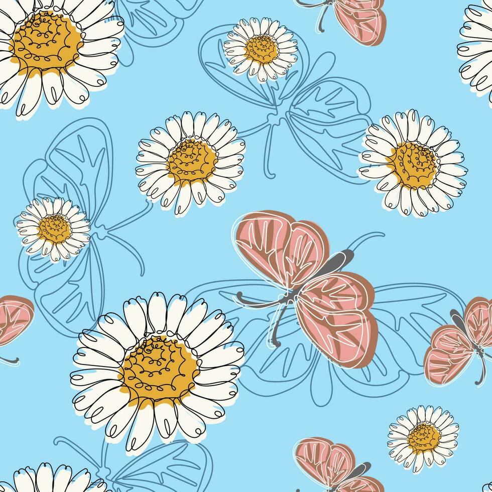 Seamless pattern of camomiles and butterflies vector