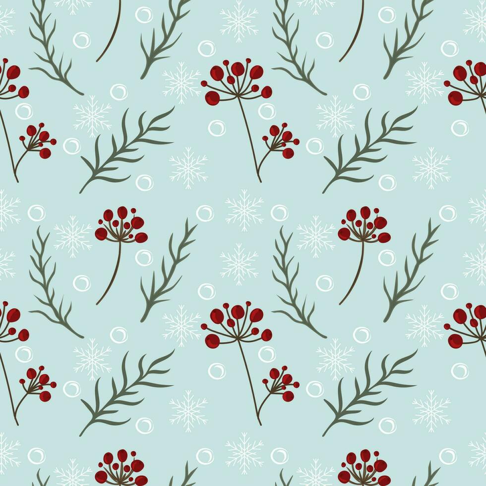 Hand drawn floral winter seamless pattern with christmas tree branches, berries and snowflakes vector