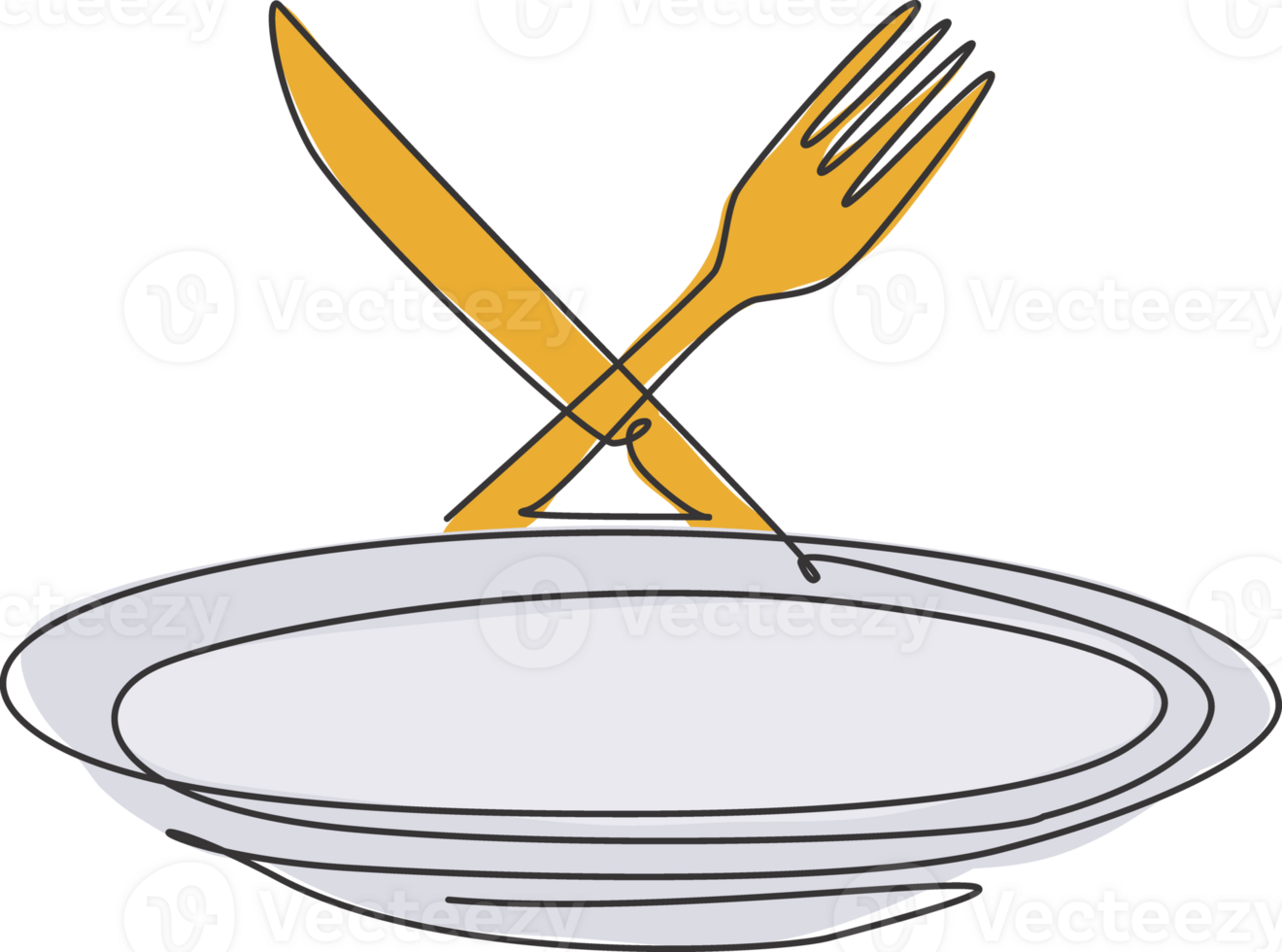 Single continuous line drawing of stylized empty plate fork and knife logo label. Luxury restaurant emblem art concept. Modern one line draw design graphic illustration for cafe shop png