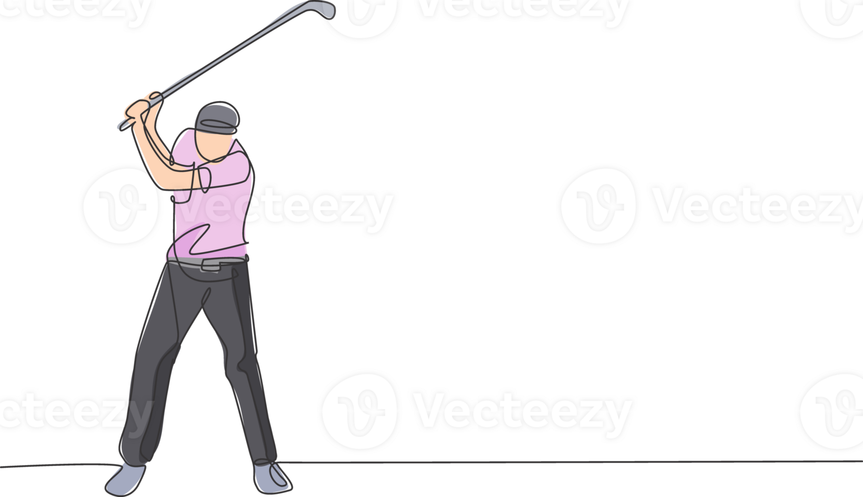 Single continuous line drawing of young happy golf player swing the golf club to hit the ball. Hobby sport concept. Trendy one line draw design illustration for golf tournament promotion media png