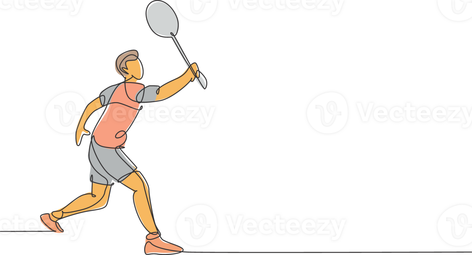 One continuous line drawing of young badminton player hit shuttlecock with racket. Competitive sport concept. Dynamic single line draw design illustration for tournament match promotion poster png