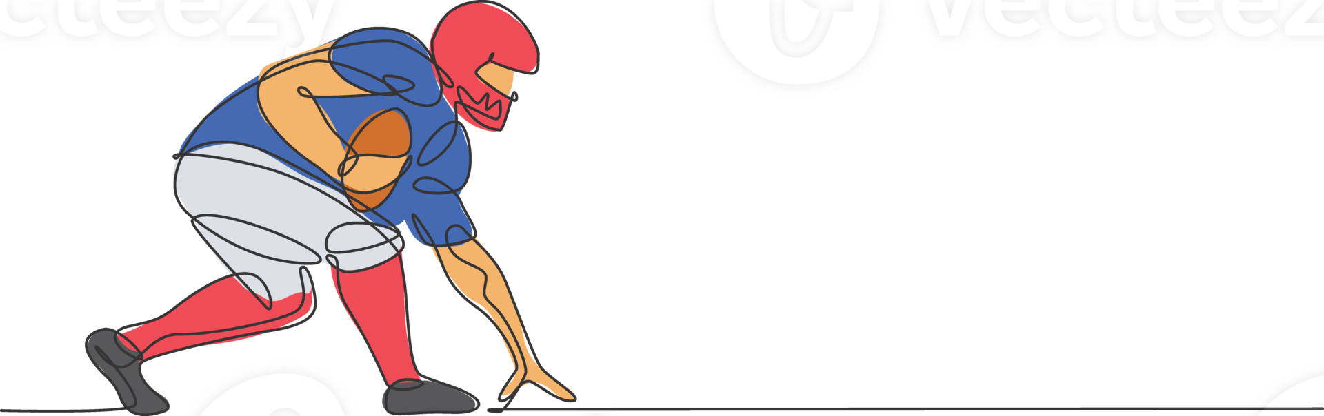One continuous line drawing of young american football player stance to run fast to reach goal line for competition poster. Sport teamwork concept. Dynamic single line draw design illustration png