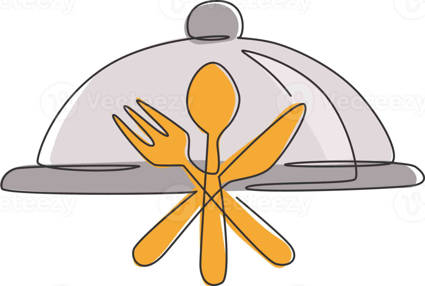 One continuous line drawing of food tray cover cloche with fork, spoon and knife for restaurant logo emblem. Luxury cafe logotype template concept. Modern single line draw design illustration png