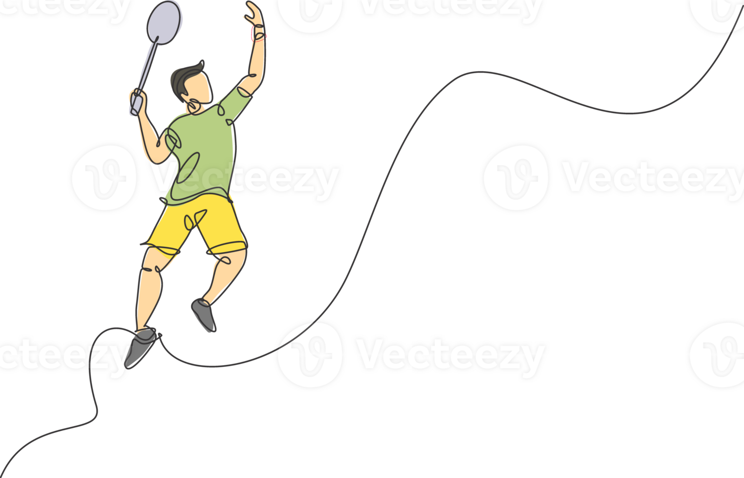 Single continuous line drawing young agile badminton player jumping smash shuttlecock. Competitive sport concept. One line draw design graphic illustration for badminton tournament publication png