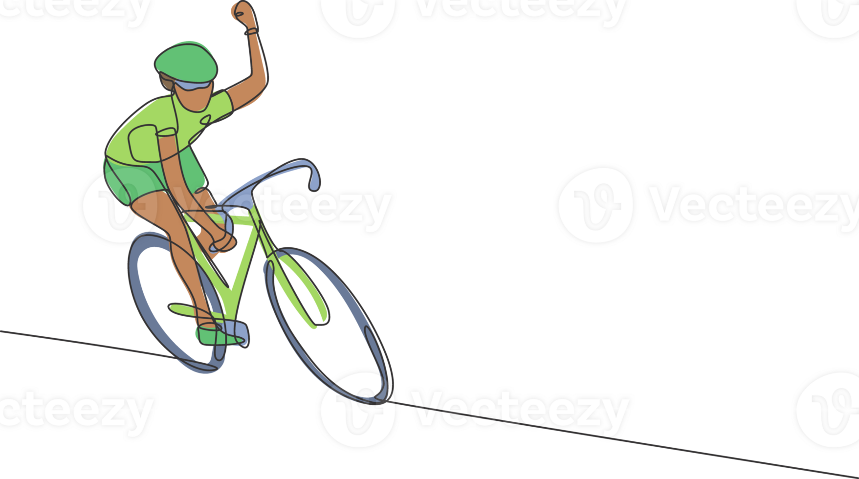 ett kontinuerlig linje teckning av ung sportig man cykel racer Vinka hand till supportrar. väg cyklist begrepp. dynamisk enda linje dra design grafisk illustration för cykling konkurrens affisch png
