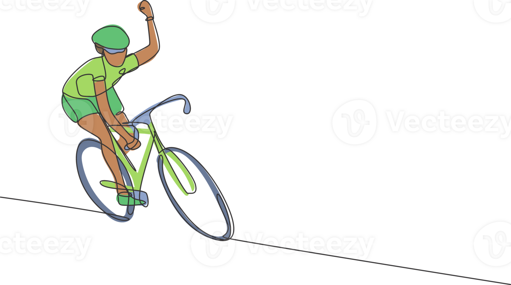 One continuous line drawing of young sporty man bicycle racer wave hand to supporters. Road cyclist concept. Dynamic single line draw design graphic illustration for cycling competition poster png