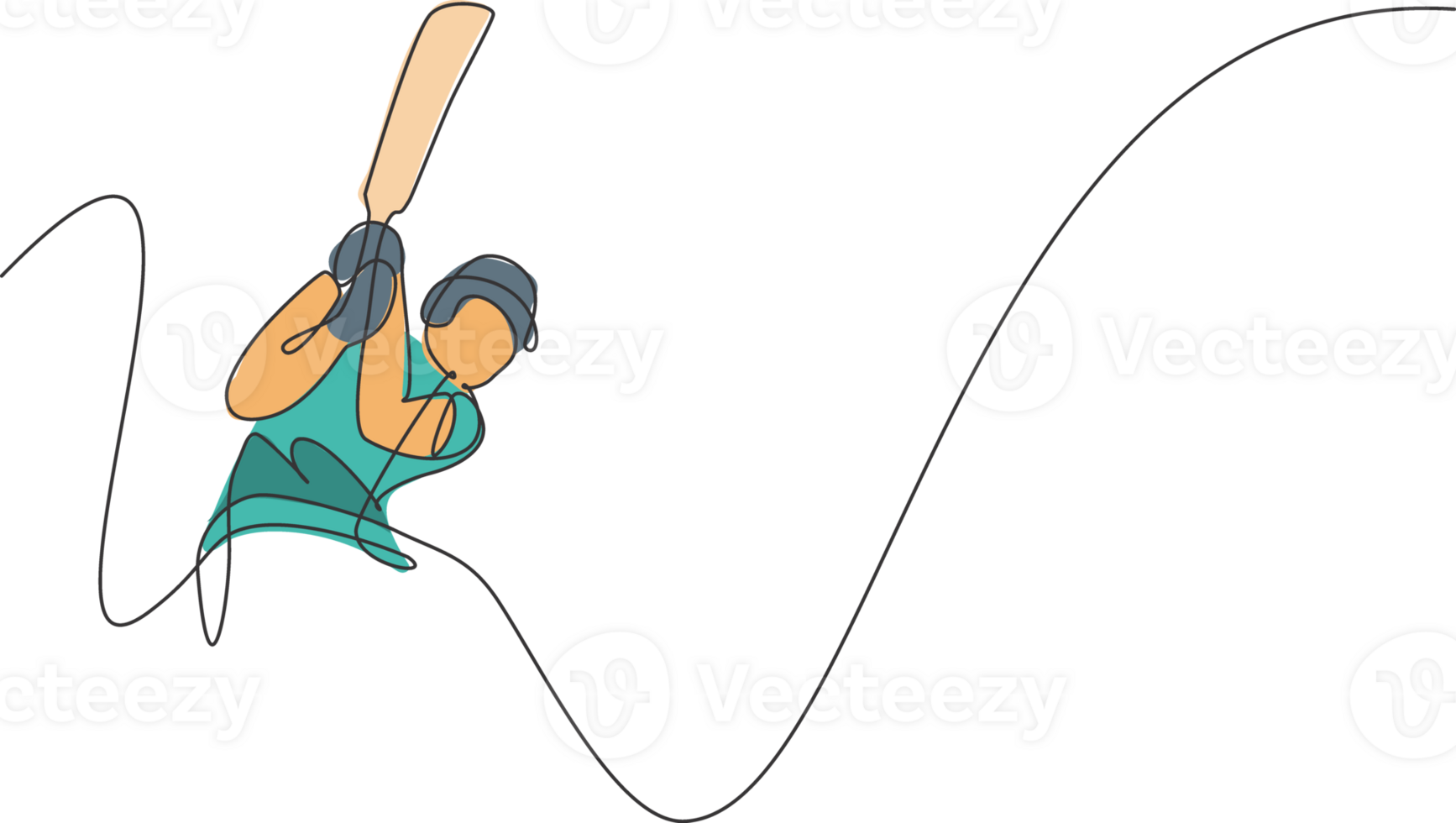 ett kontinuerlig linje teckning av ung Lycklig man cricket spelare gunga cricket fladdermus hård på fält illustration. konkurrenskraftig sport begrepp. dynamisk enda linje dra design för annons affisch png