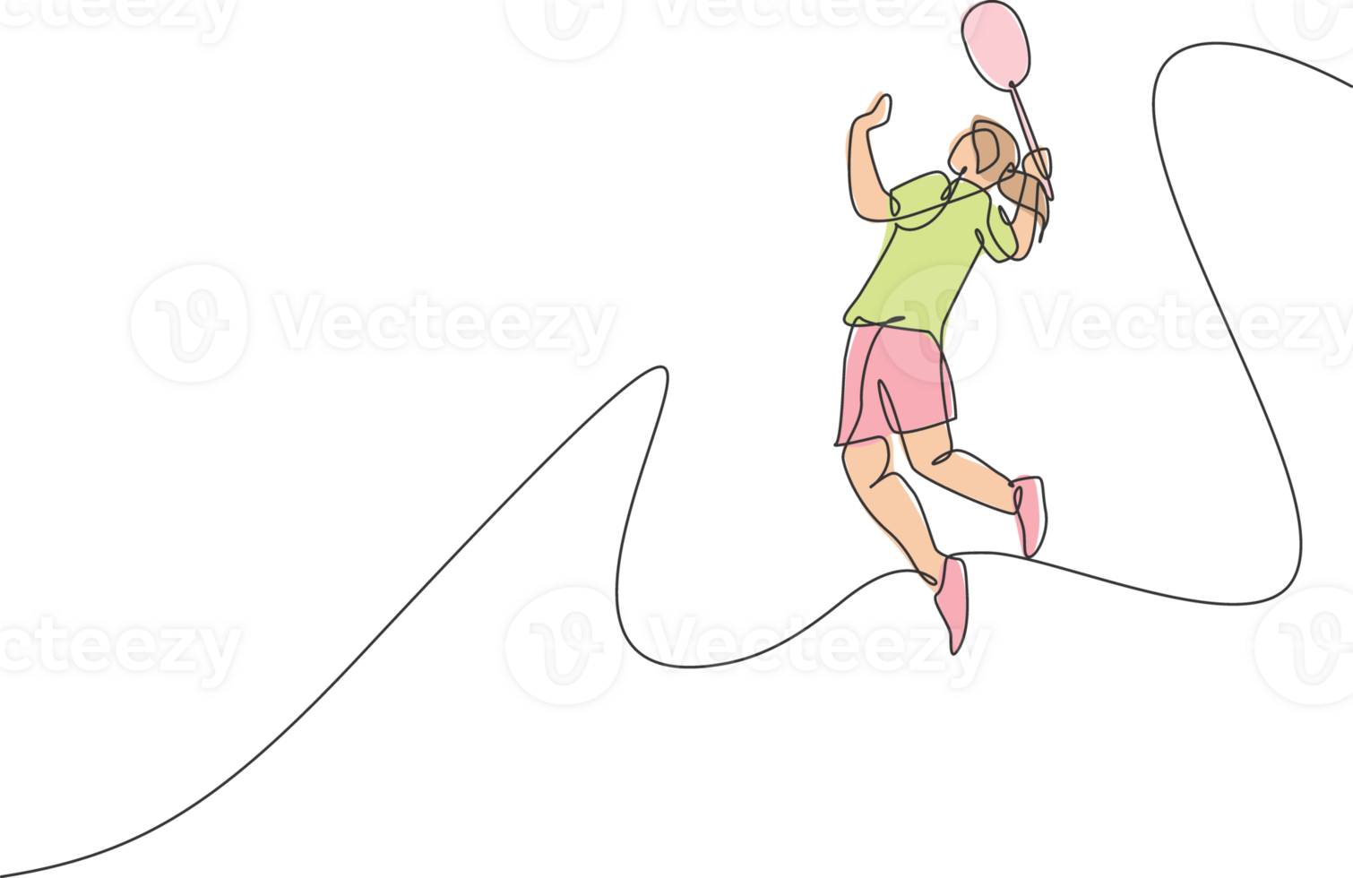 One single line drawing of young energetic badminton player jumping and smash shuttlecock illustration. Healthy sport concept. Modern continuous line draw design for badminton tournament poster png