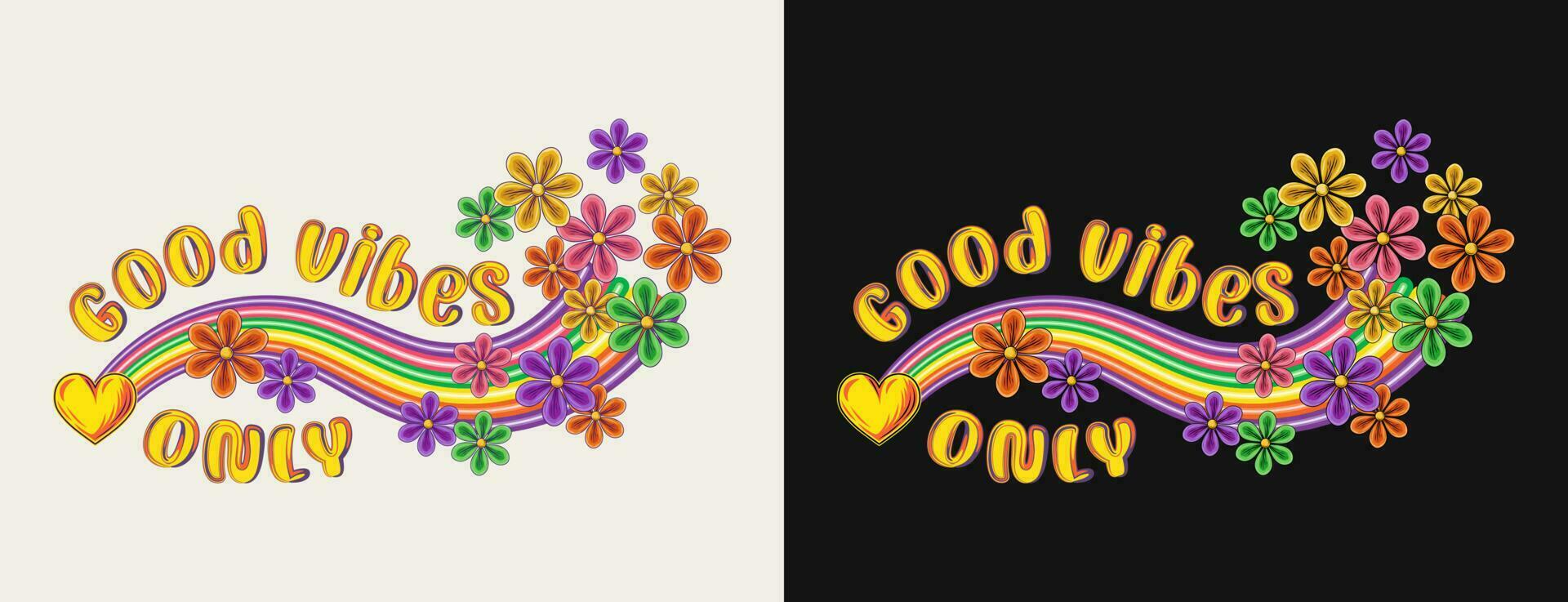 Summer label with rainbow wave, flying chamomiles, heart, text Good vibes. Groovy, hippie retro style. Concept of harmony, balance, positivity. For clothing, apparel, T-shirts, surface decoration vector