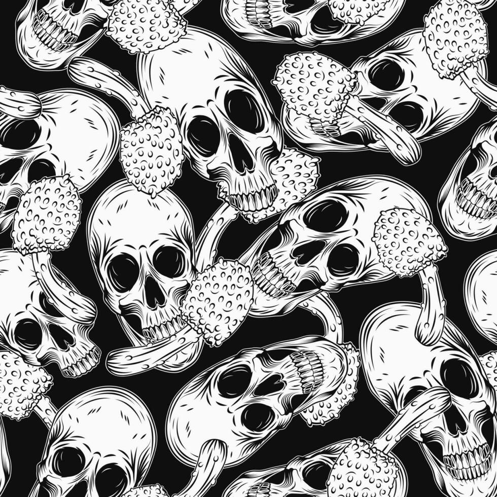 Monochrome pattern with distorted human skull, mushroom fly agaric, amanita. For clothing, apparel, T-shirts, surface decoration in groovy, hippie, retro style. vector