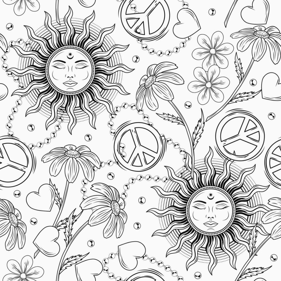 sin costura modelo con sol, paz firmar, manzanilla flor, corazones, rosario. maravilloso, hippie estilo. pacífico, verano ilustración. bueno para vestir, tela, textil diseño vector