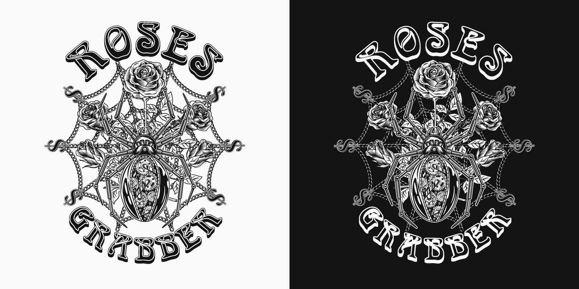 Surreal fantasy label with metallic robot spider in steampunk style, roses, dollar sign, text, spiderweb behind. Monochrome illustration for prints, clothing, tattoo, surface design. vector