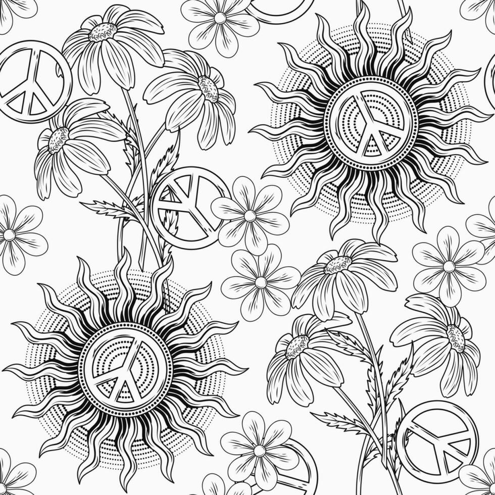 Black and white seamless pattern with sun, peace sign, chamomile flower and halftone shapes. Groovy, hippie style. Peaceful, summer illustration. Good for apparel, fabric, textile vector