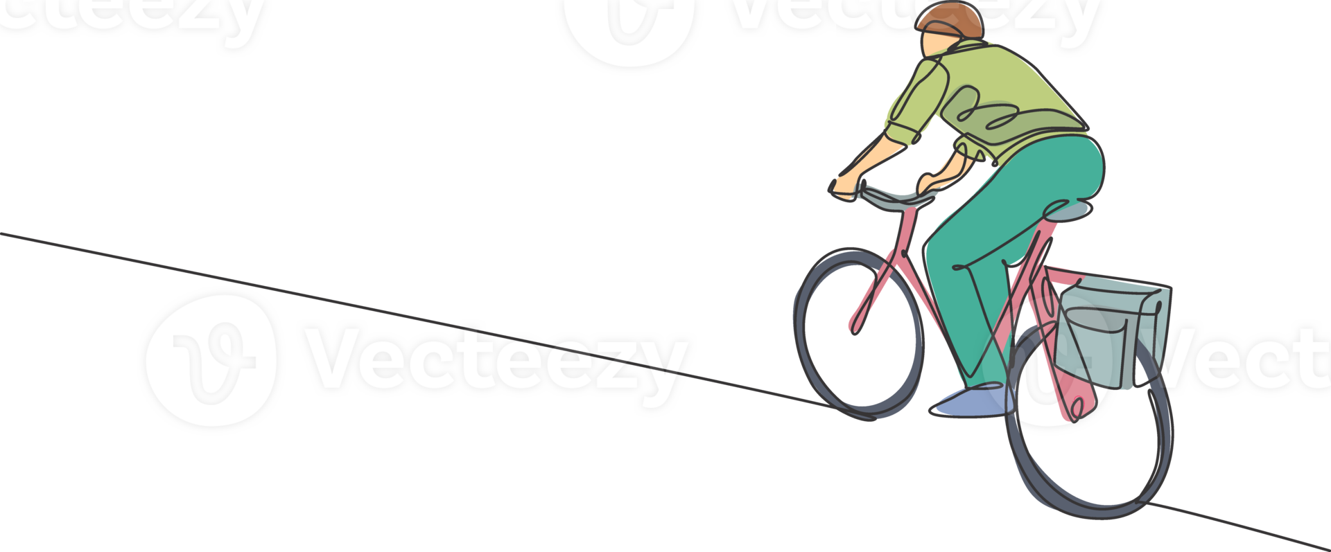 One continuous line drawing of young professional manager man cycling ride bicycle to his office. Healthy working urban lifestyle concept. Dynamic single line draw design graphic illustration png