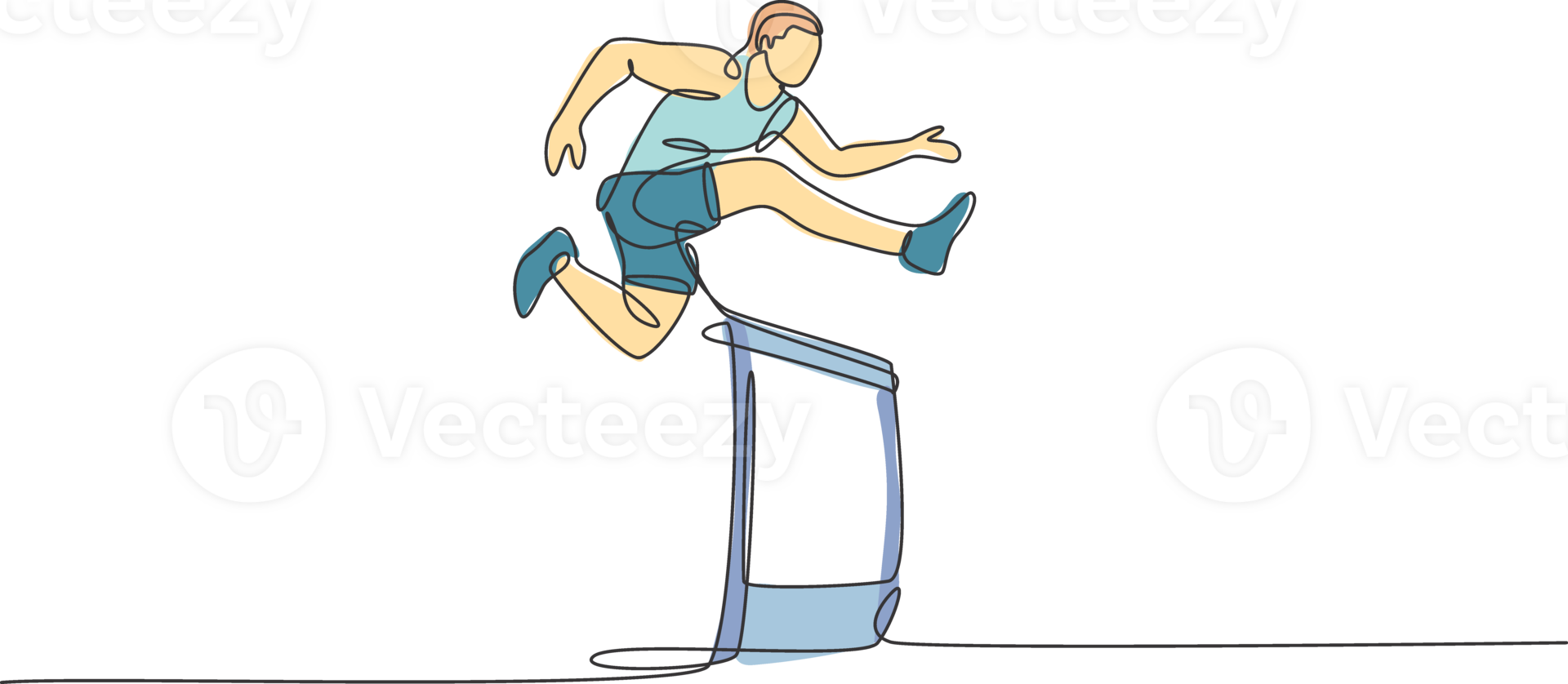 solteiro contínuo linha desenhando do jovem feliz saúde corredor homem saltar corrida através Obstáculo barreira às corre acompanhar. corre esporte saudável estilo de vida conceito. na moda 1 linha desenhar Projeto ilustração png