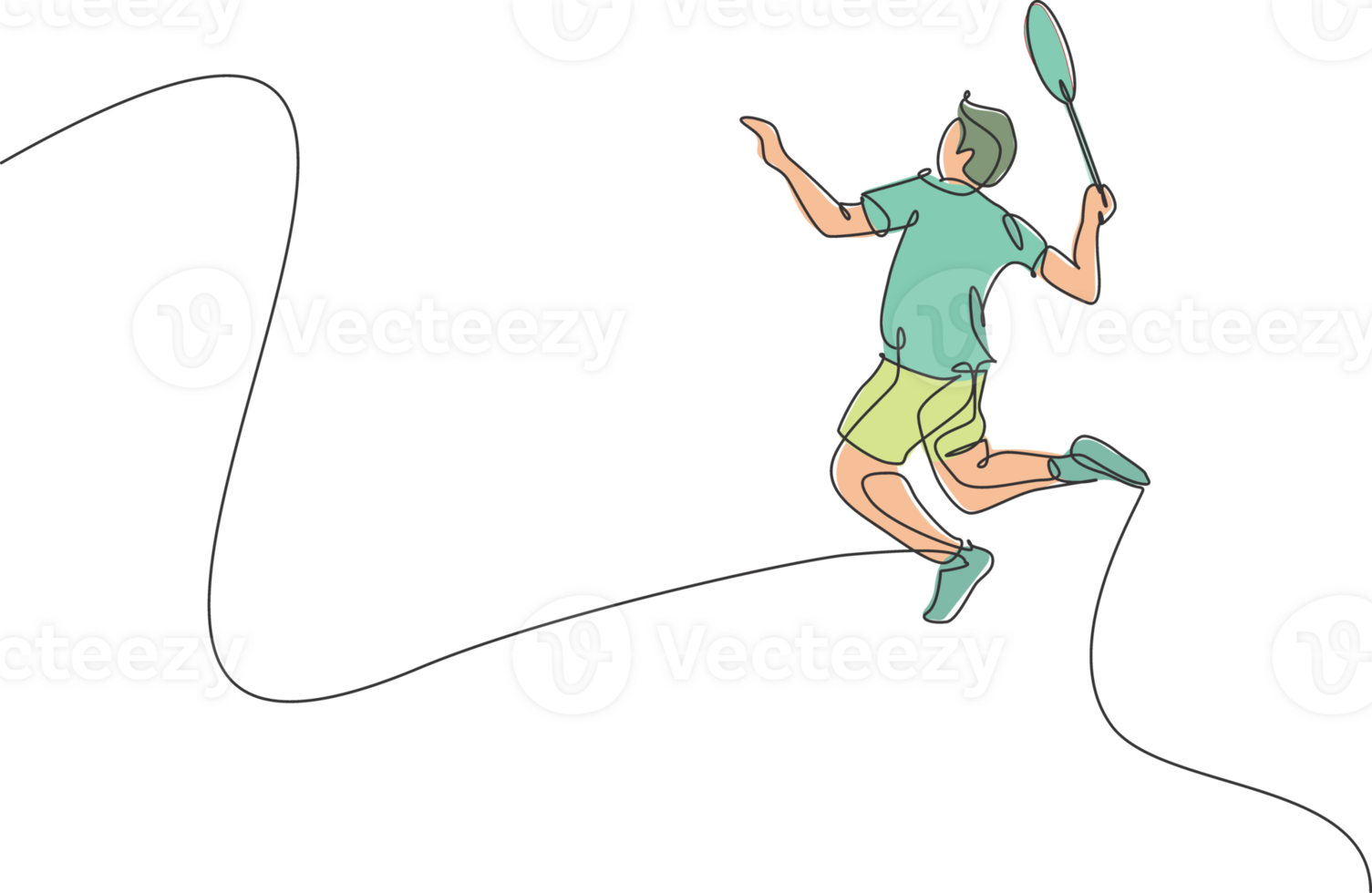 One single line drawing of young energetic badminton player jumping and smash shuttlecock illustration. Healthy sport concept. Modern continuous line draw design for badminton tournament poster png