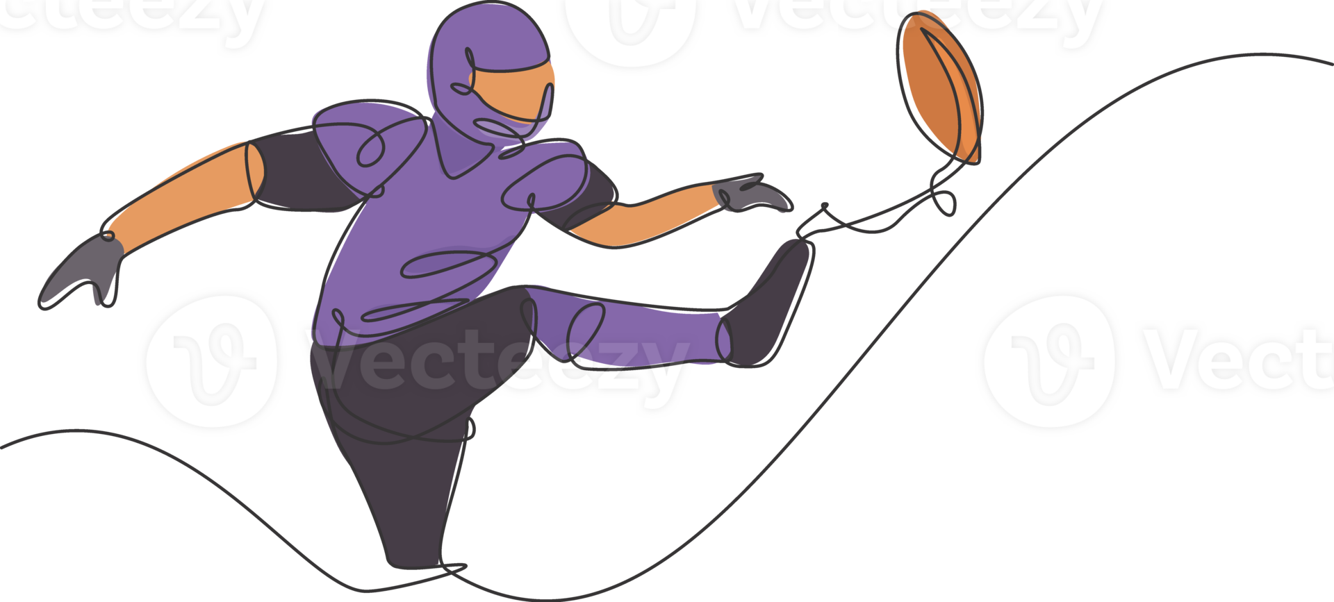One continuous line drawing of young man american football player kicking the ball hard at arena for league promotion. Sport competition concept. Modern single line draw design illustration png