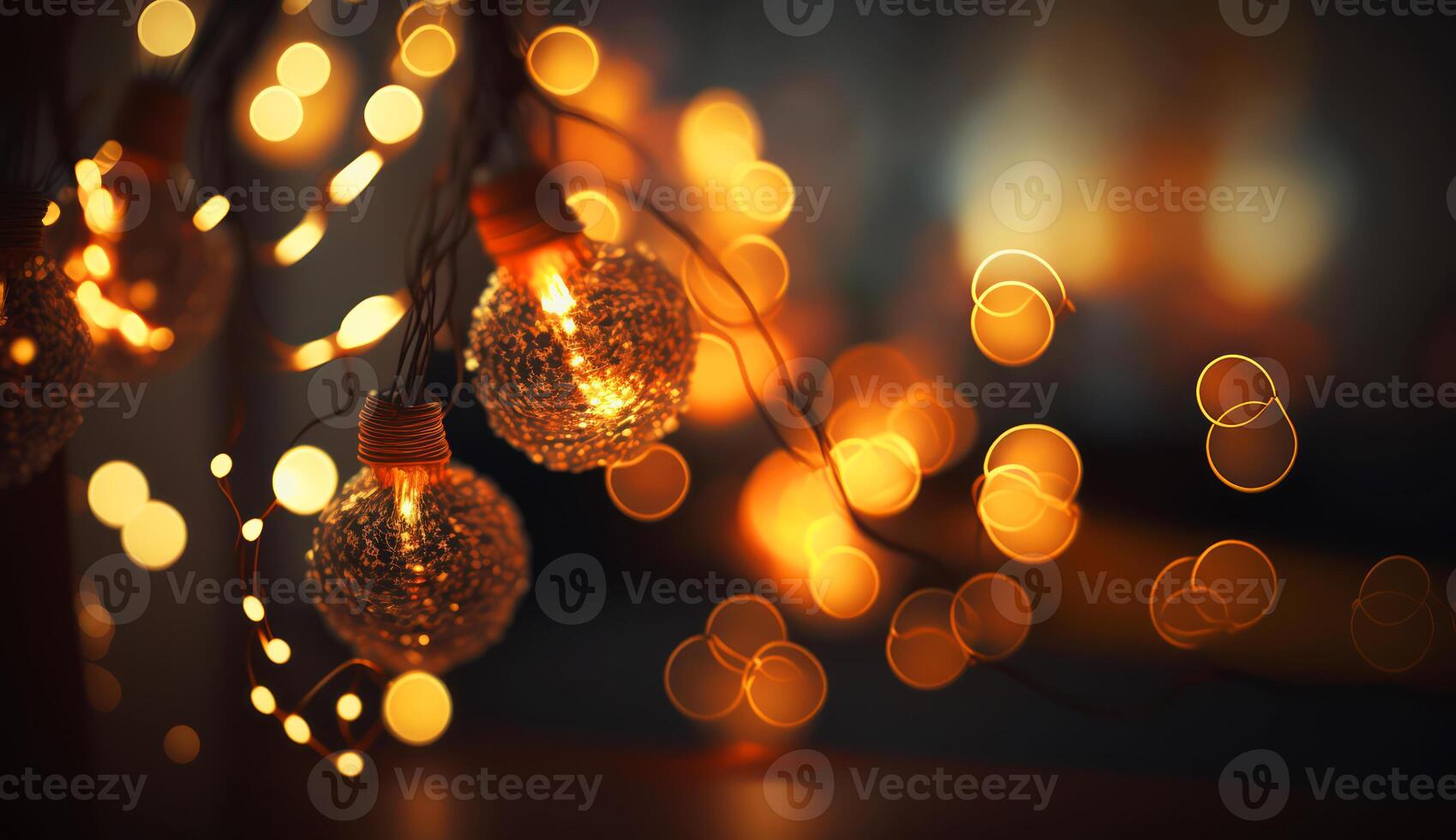 Romantic bokeh effect image of a string of fairy lights, with the blurred background creating a soft and intimate atmosphere photo
