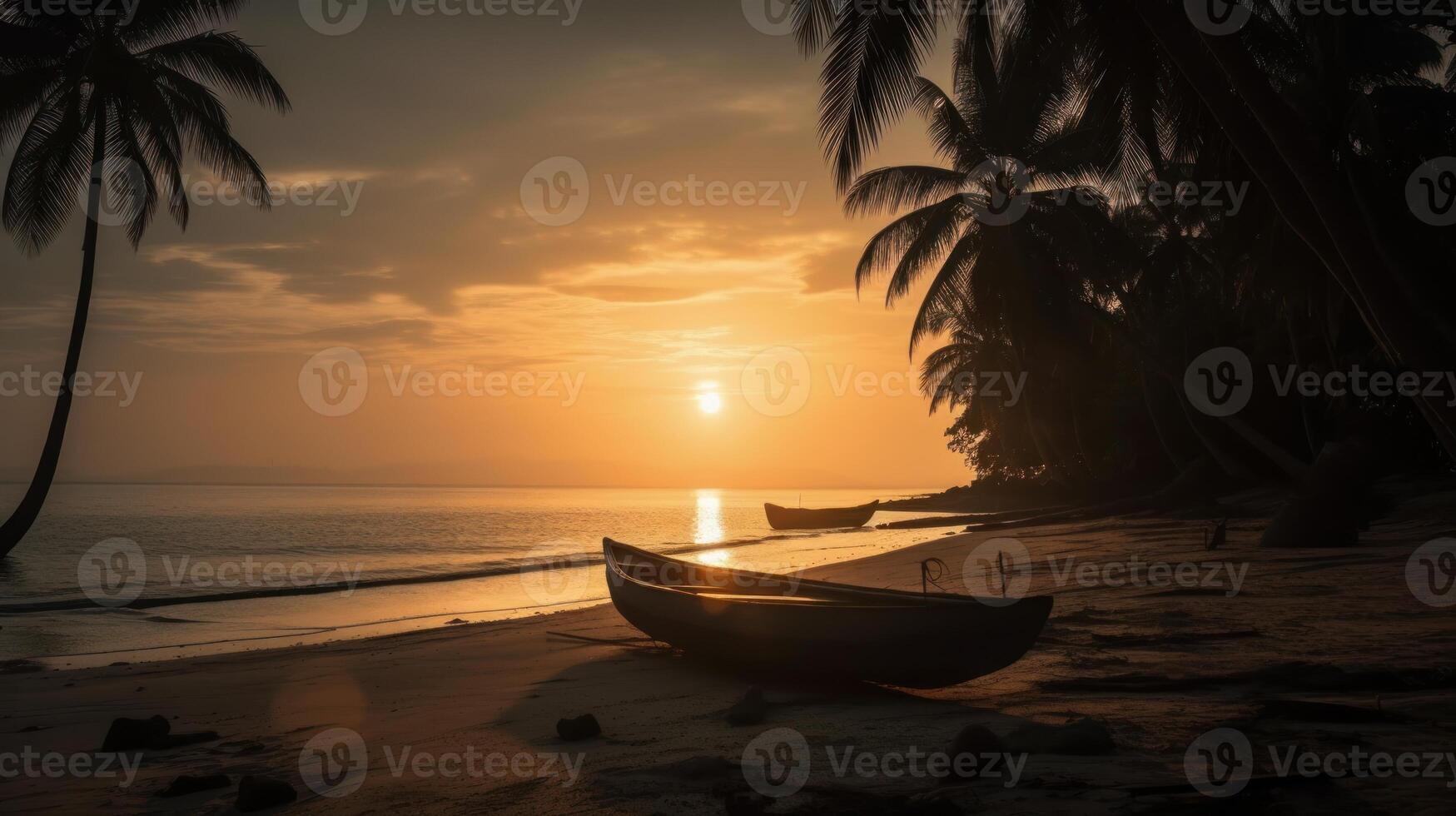 Canoe on a sandy tropical beach at sunset photo