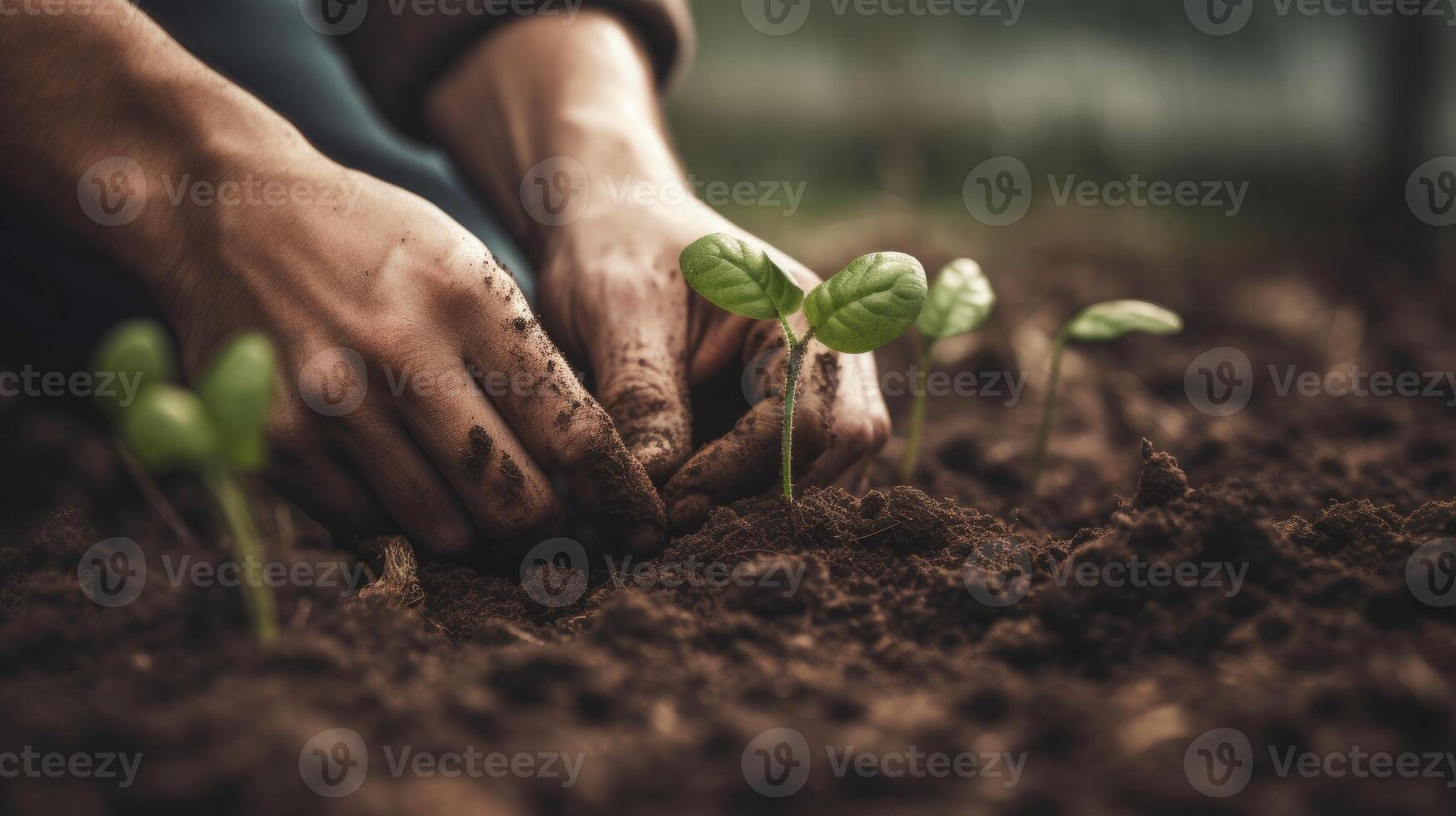 Planting a row of young seedlings photo
