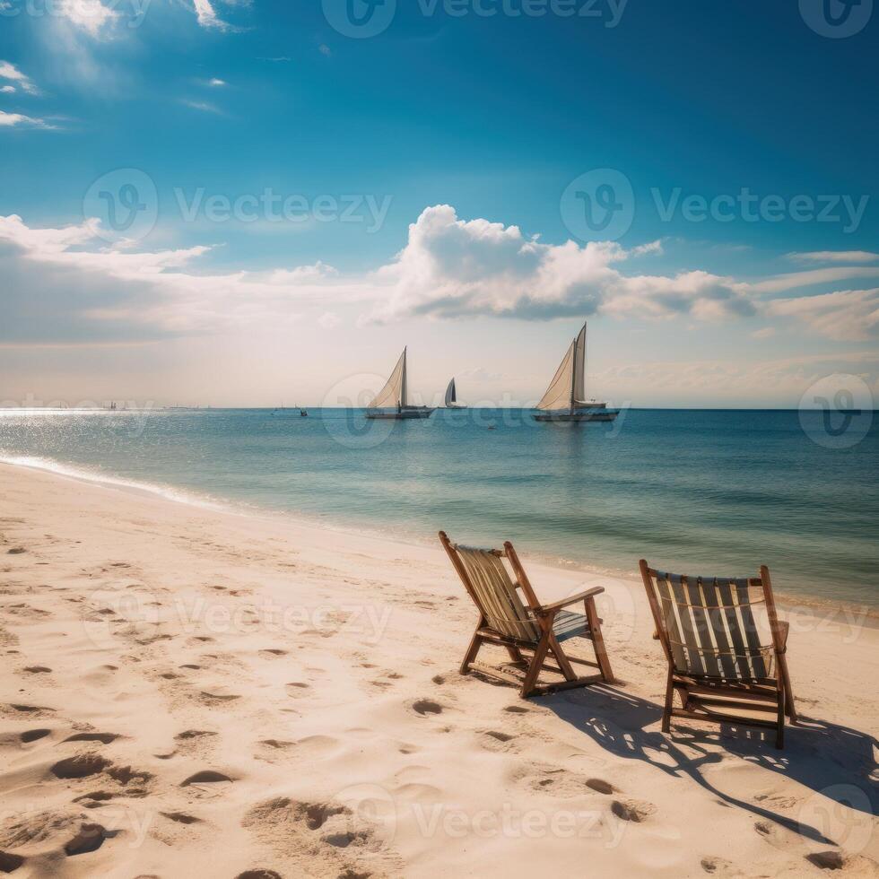 Empty beach chairs on a tropical beach. photo