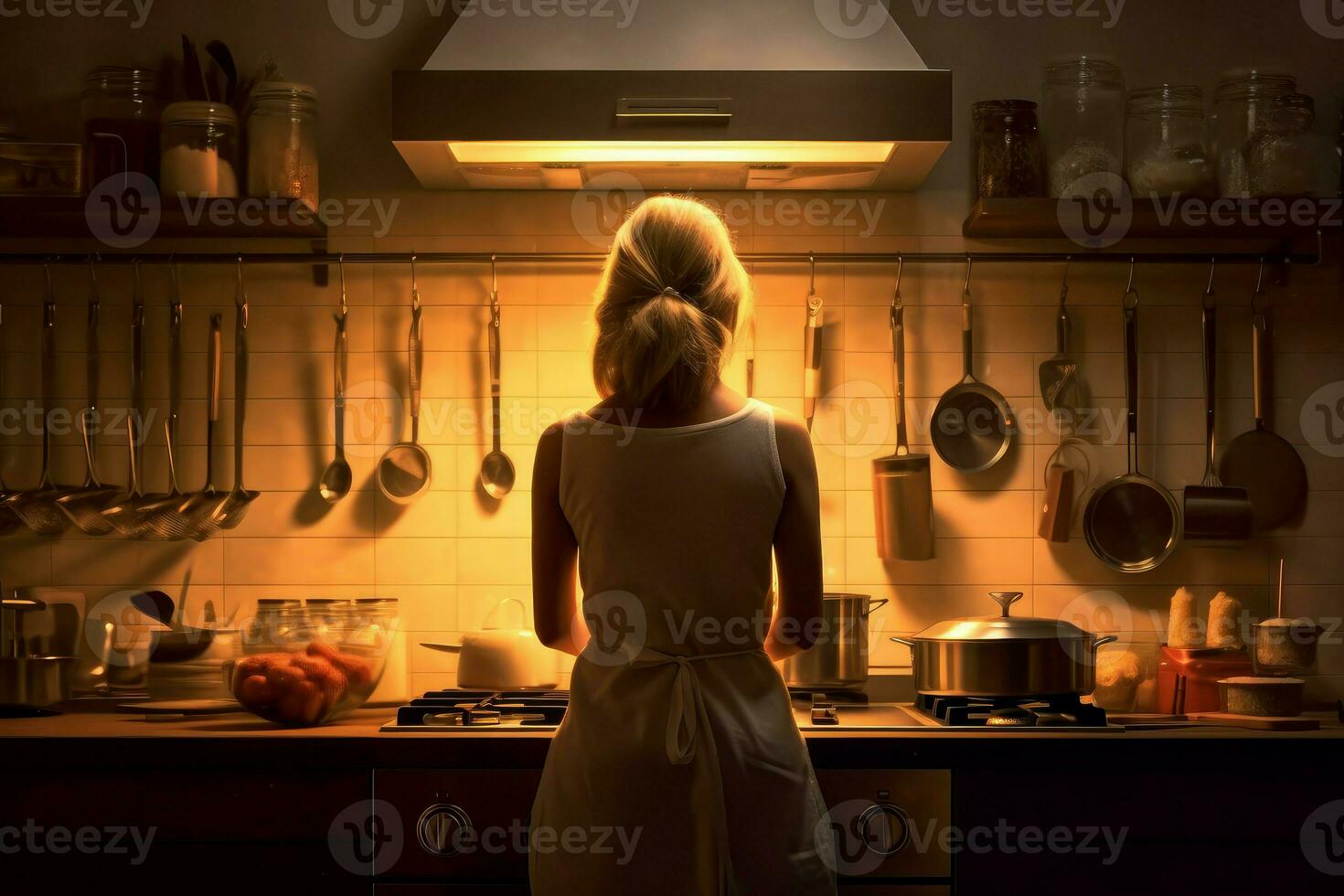 Cook woman kitchen light. Generate Ai photo