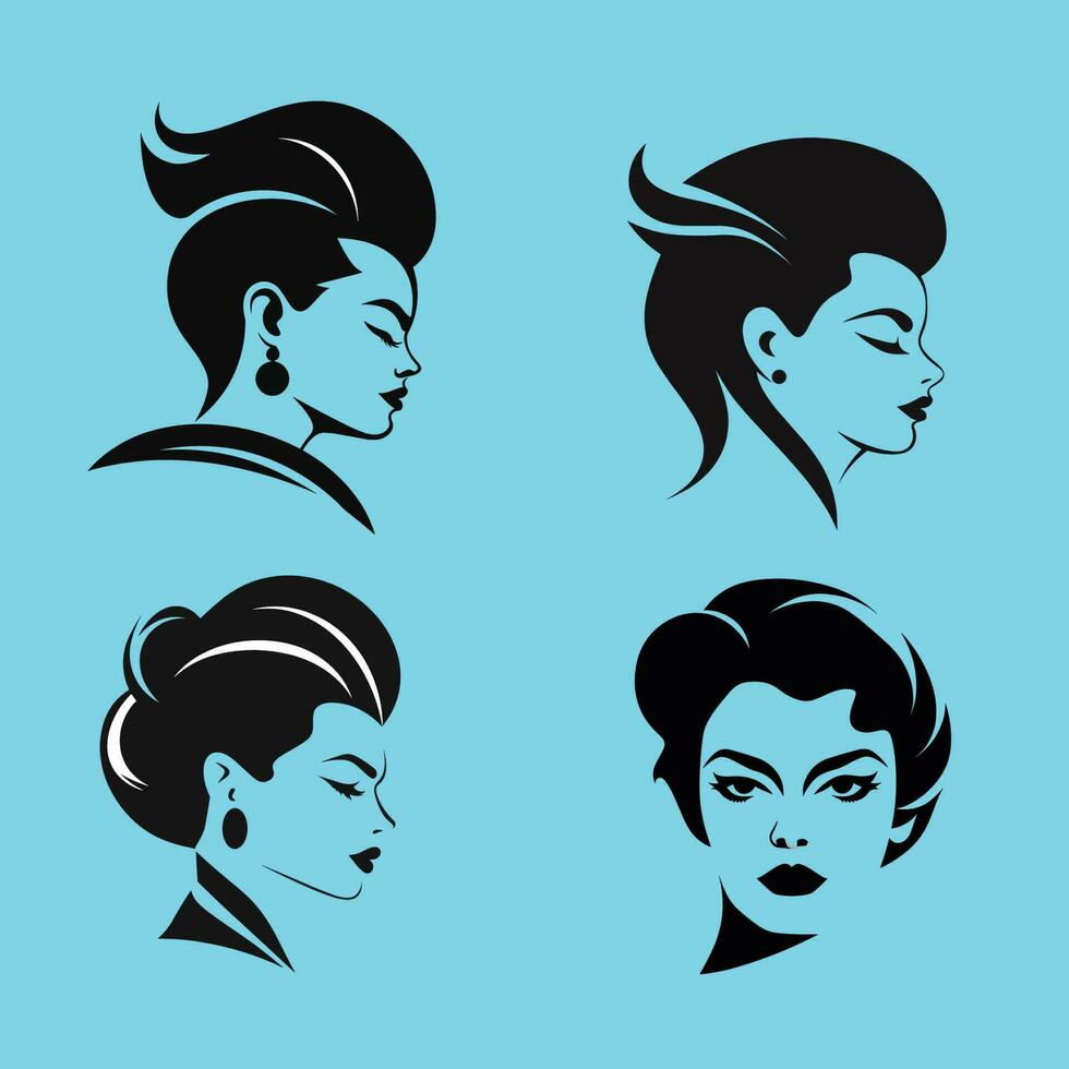 Set of four unique woman face in black vector