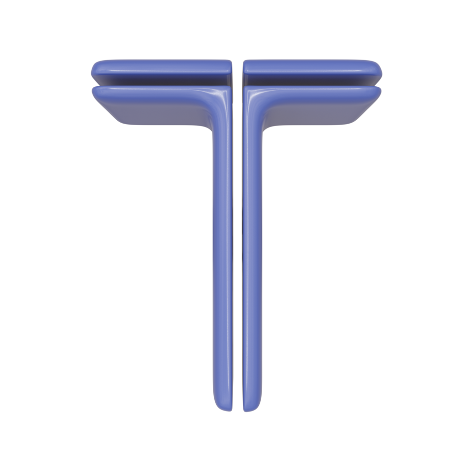 The Capital letter T in a blue shiny skin leather texture style, PNG transparent background, 3D illustration