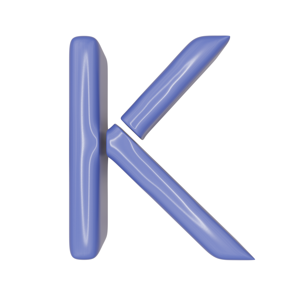 The Capital letter K in a blue shiny skin leather texture style, PNG transparent background, 3D illustration