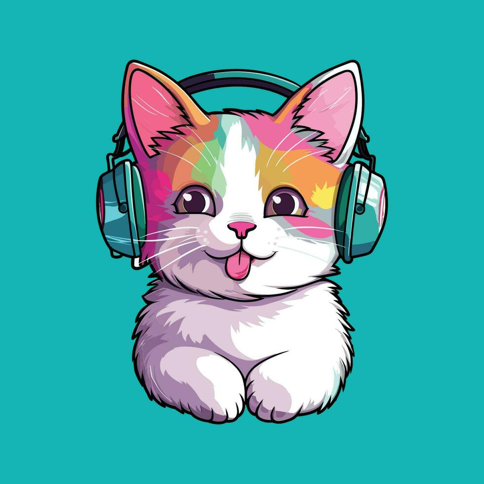 joyful happy colourful cat wearing headphones vector