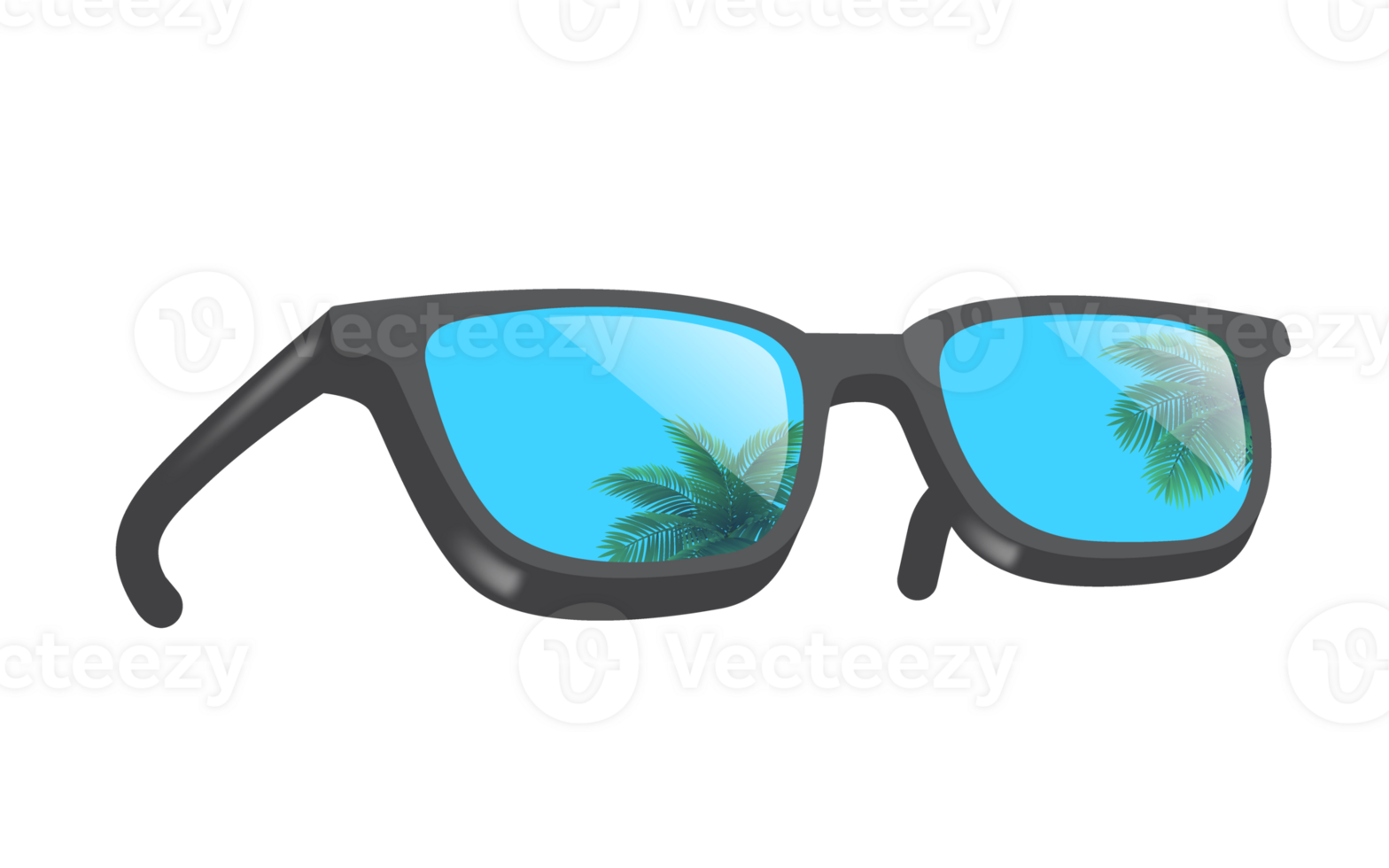 Sunglasses with views of coconut trees and the sea reflected on the lane png