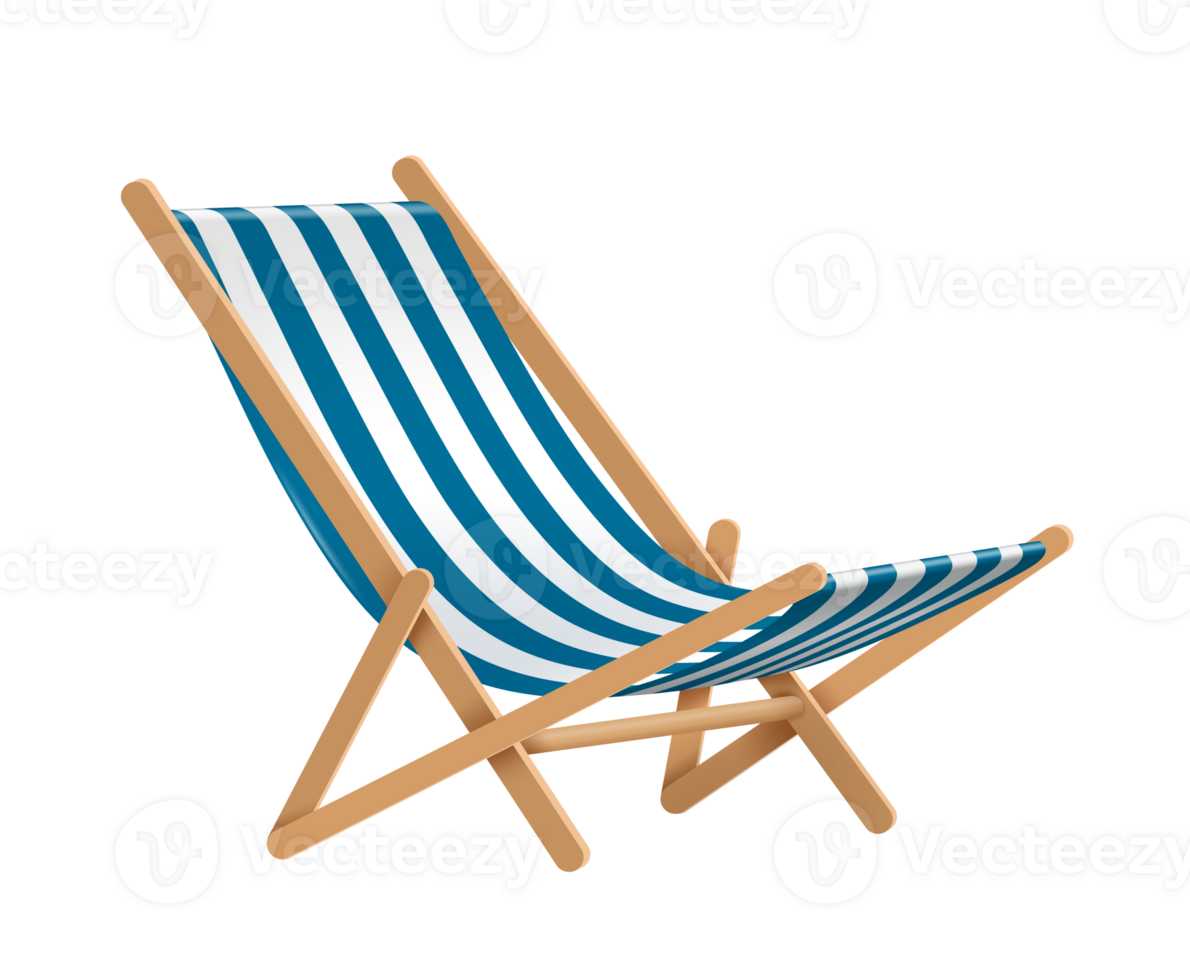 blue and white striped beach chair or deck chair for sunbathing and relaxing in summer png