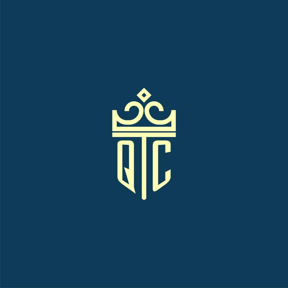 QC initial monogram shield logo design for crown vector image