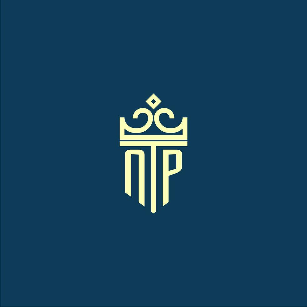 NP initial monogram shield logo design for crown vector image