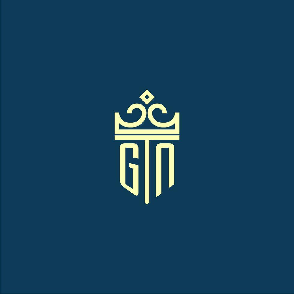 GN initial monogram shield logo design for crown vector image