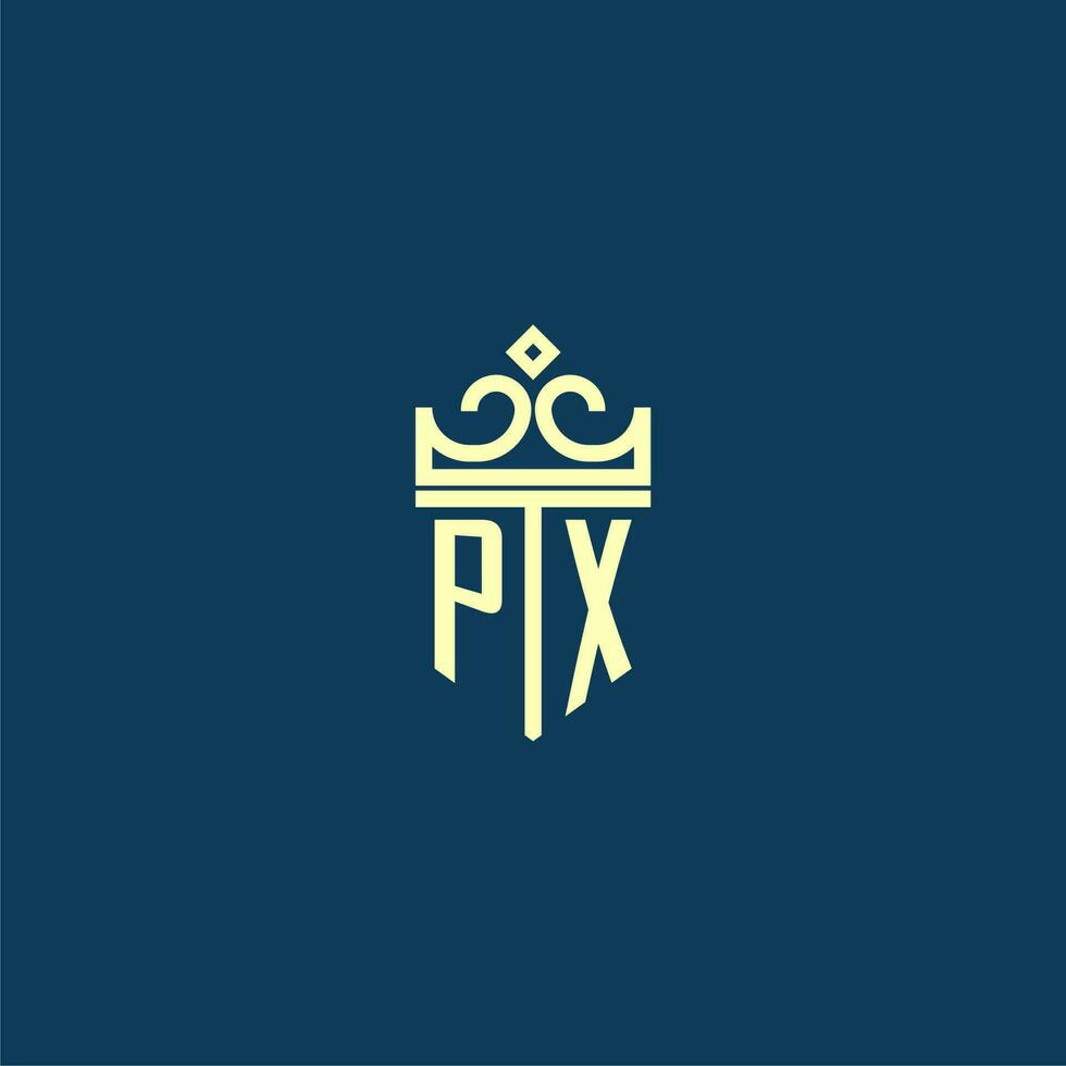 PX initial monogram shield logo design for crown vector image