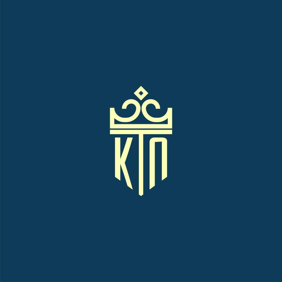 KN initial monogram shield logo design for crown vector image