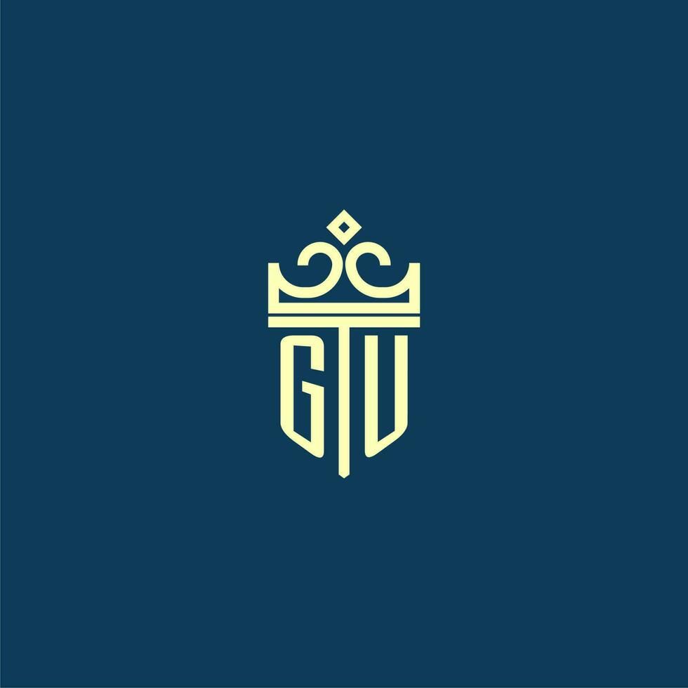 GU initial monogram shield logo design for crown vector image