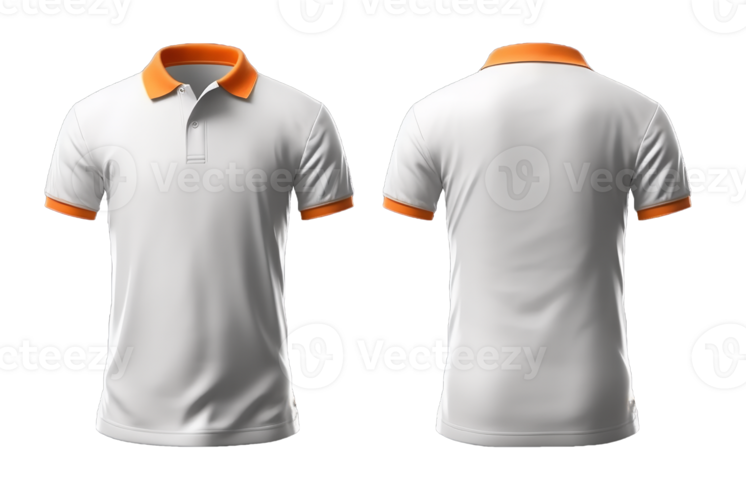 plain white polo shirt mockup design. with an orange collar. front and rear view. isolated on transparent background. png