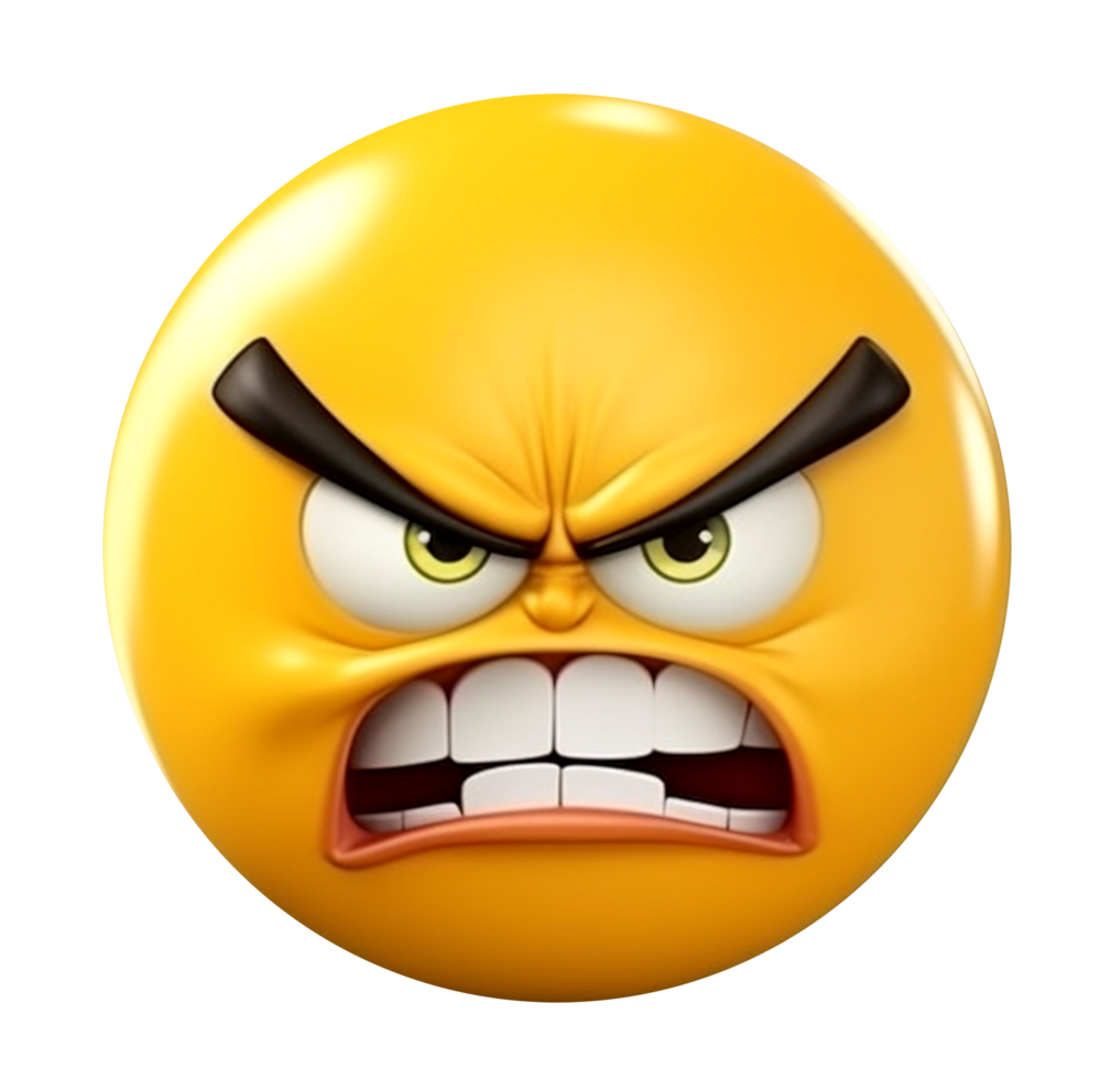 giallo emoticon 3d icona. arrabbiato facciale espressione. generativo ai png