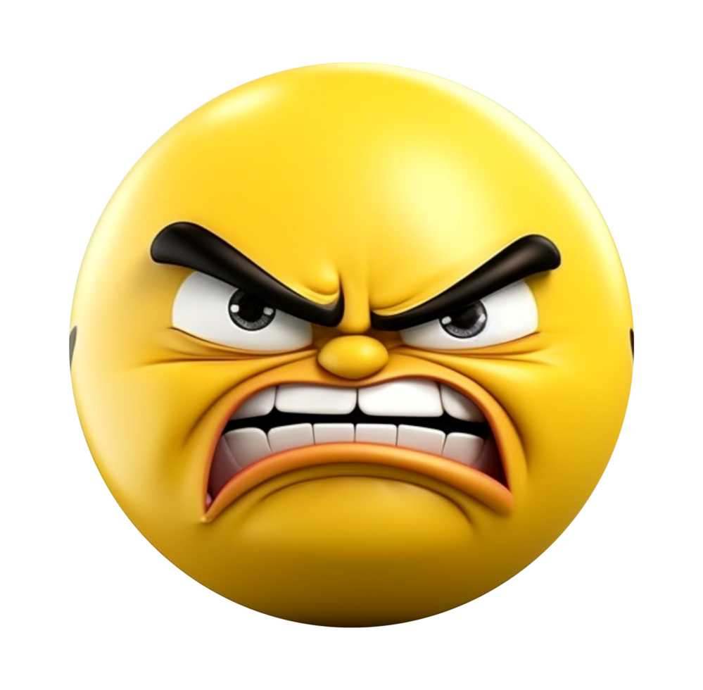 giallo emoticon 3d icona. arrabbiato facciale espressione. generativo ai png
