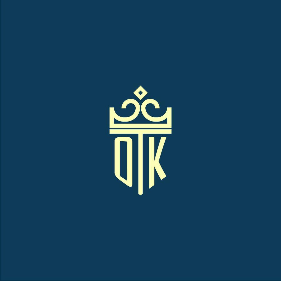 OK initial monogram shield logo design for crown vector image