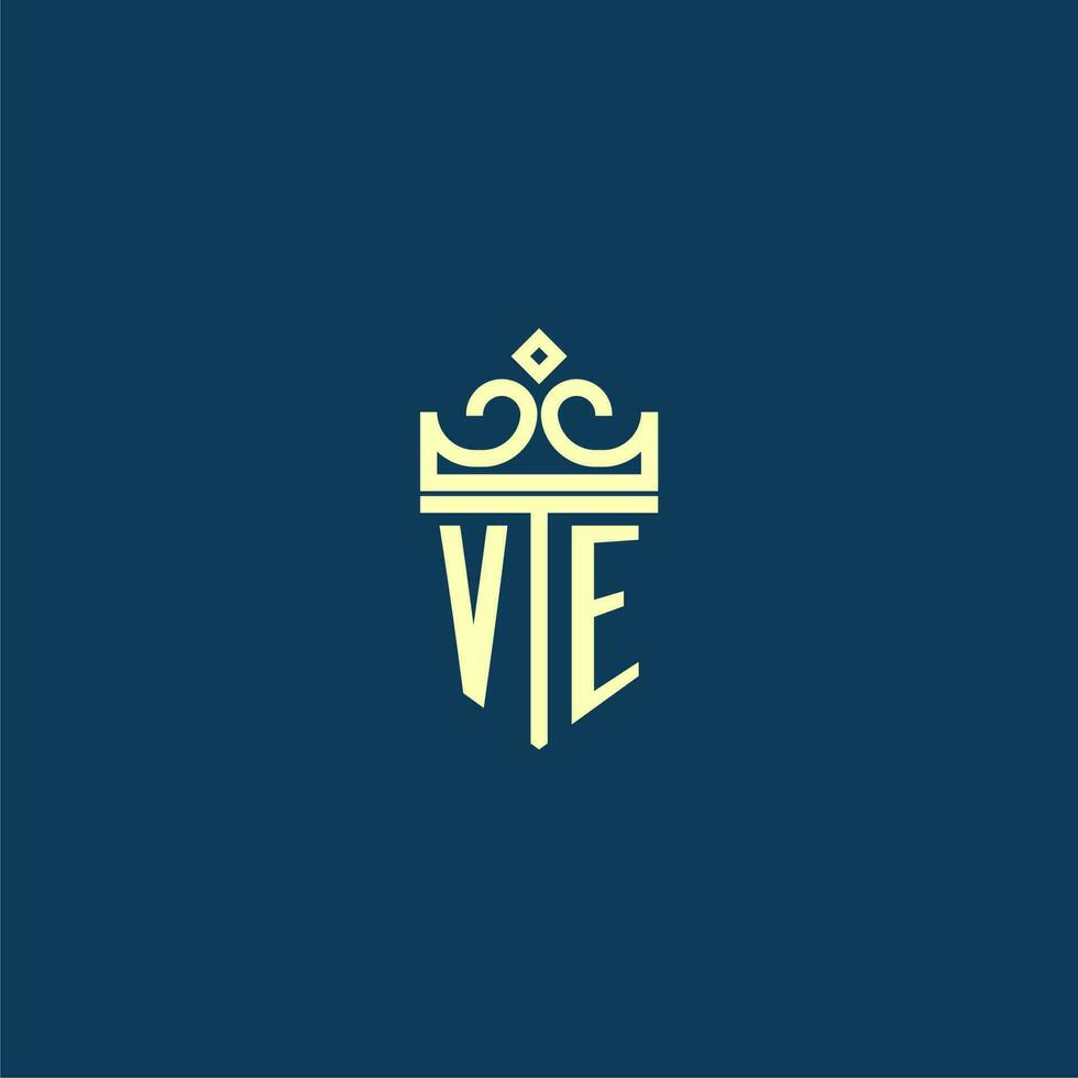 VE initial monogram shield logo design for crown vector image