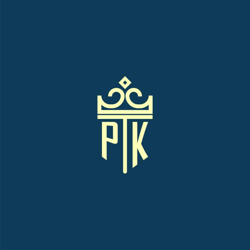 PK initial monogram shield logo design for crown vector image