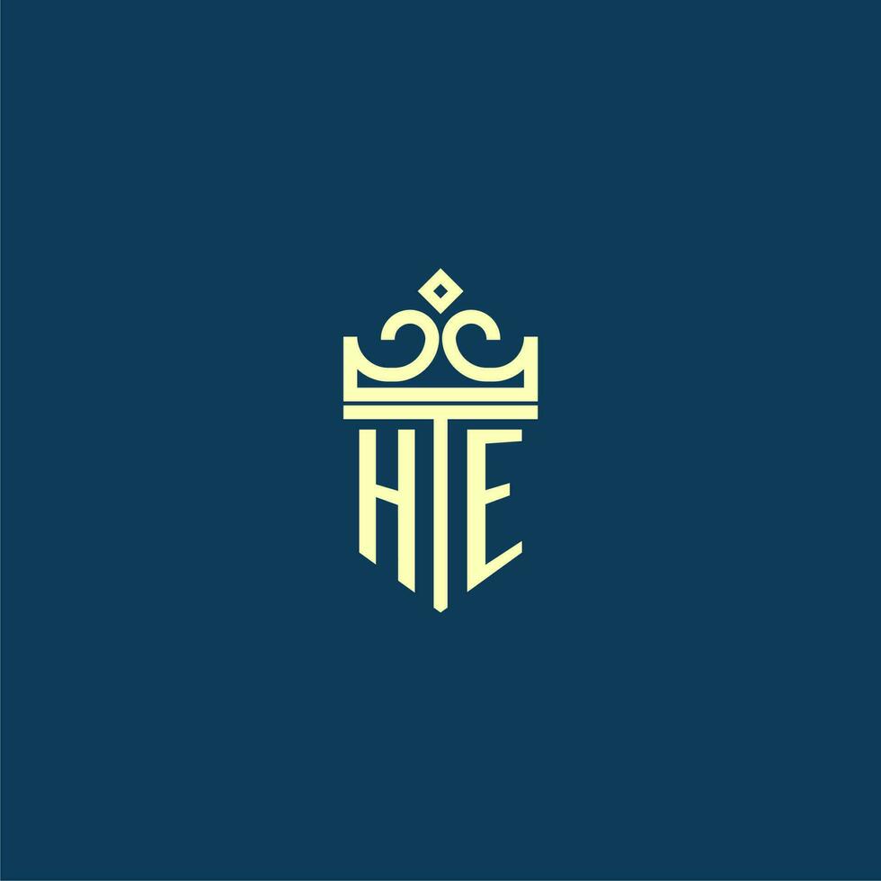 HE initial monogram shield logo design for crown vector image