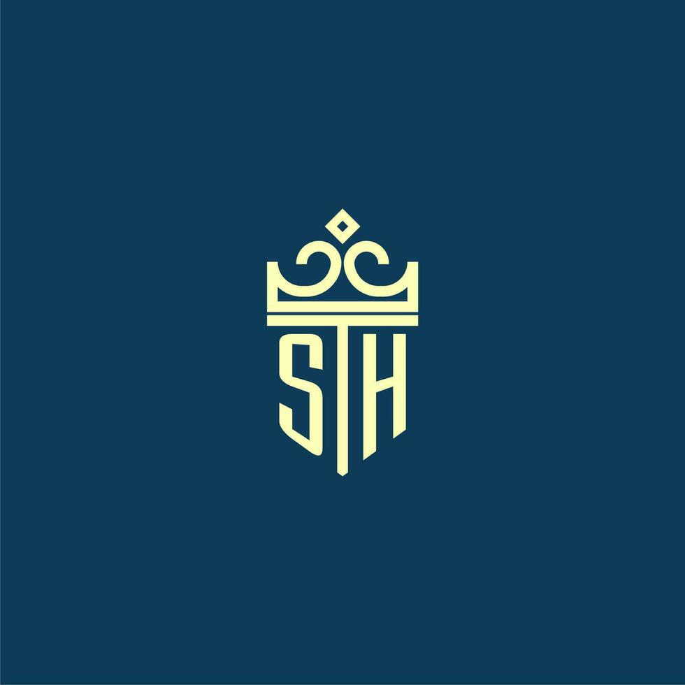 SH initial monogram shield logo design for crown vector image