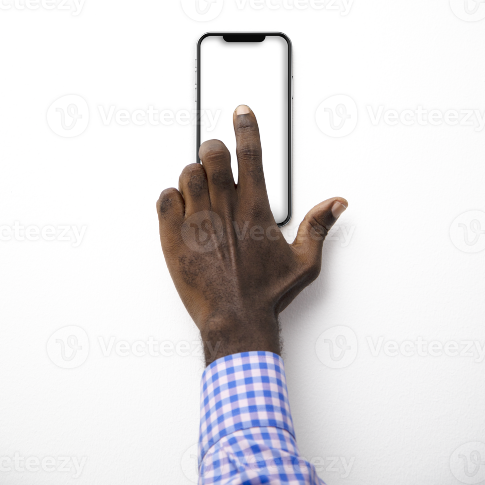 index finger touching phone screen with transparent screen. blank screen, phone screen mockup, front view, clipping path, clipping mask png