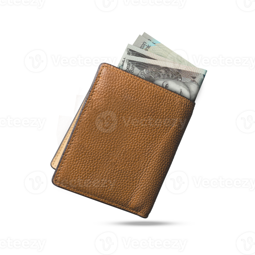 3D rendering of Eastern Caribbean dollar notes popping out of a brown leather men's wallet. Eastern Caribbean dollar in wallet png