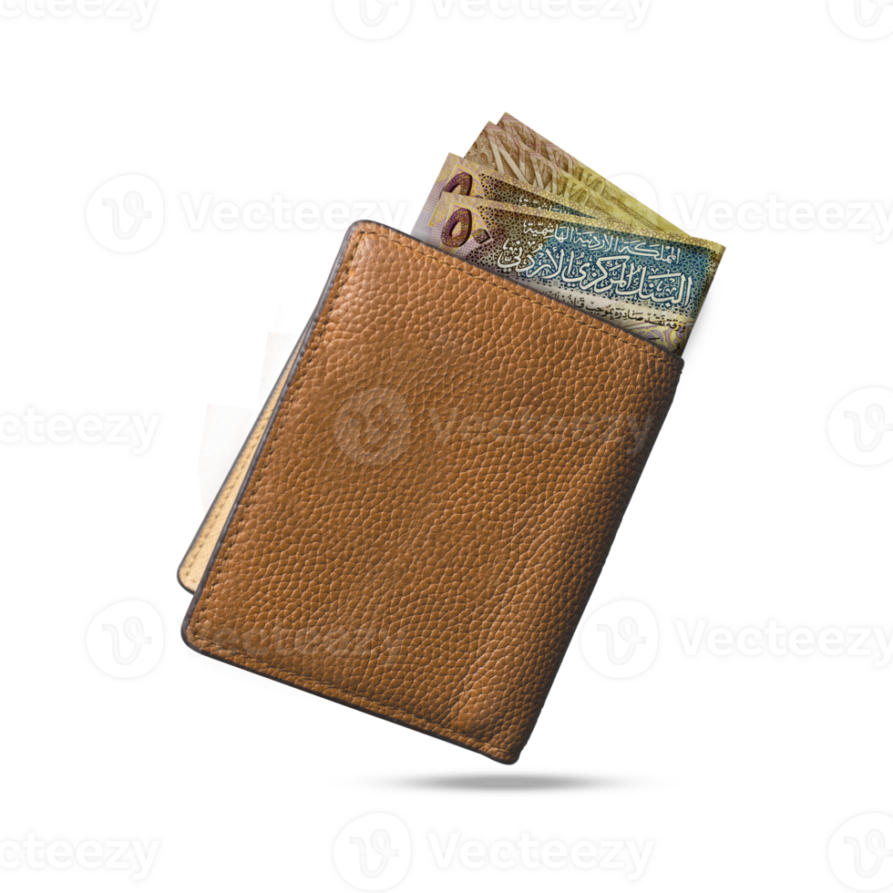 3D rendering of Jordanian Dinar notes popping out of a brown leather men's wallet. Jordanian Dinars in wallet png